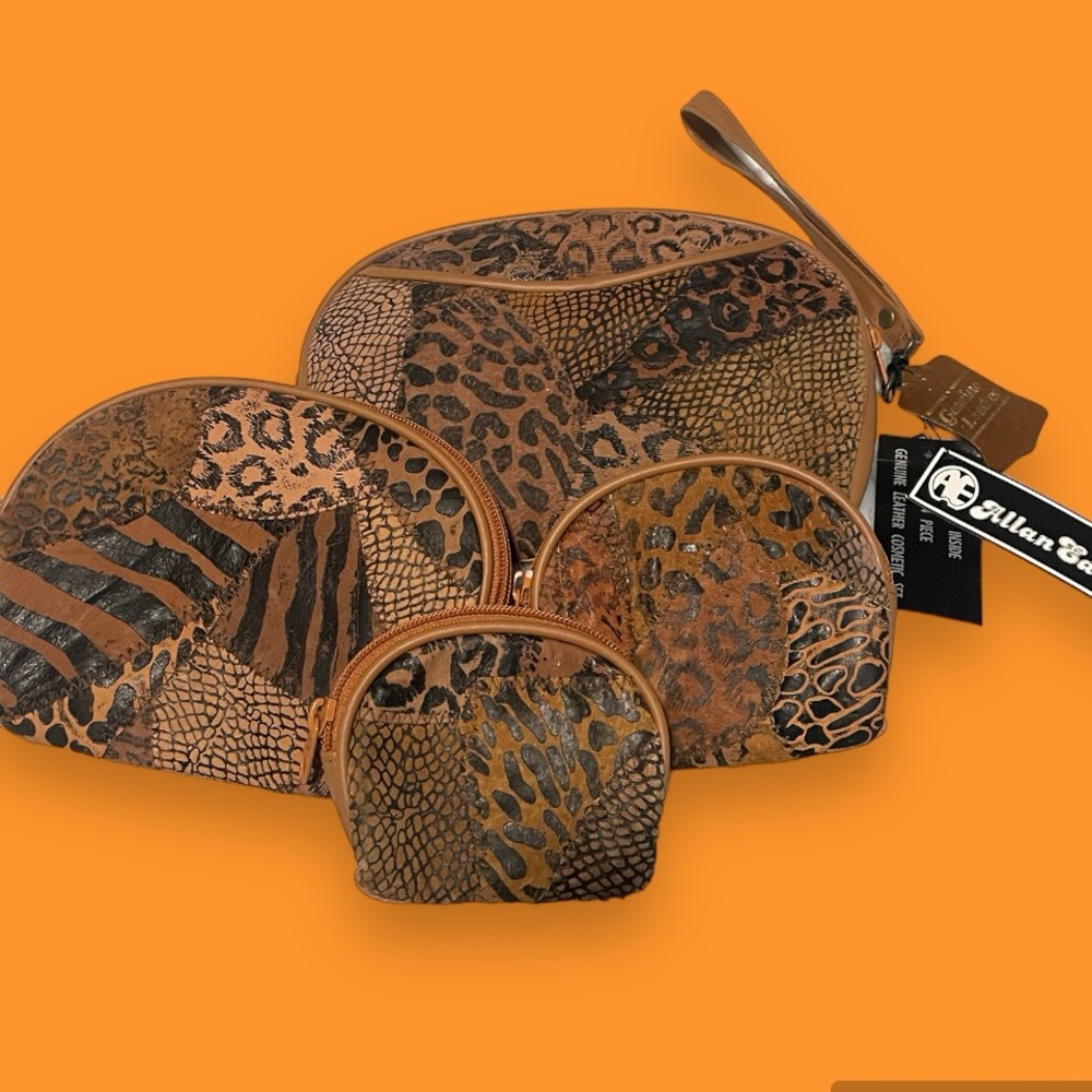 Vintage ALLAN EDWARD leather Cosmetic Case 4 Pieces Wristlet Animal print